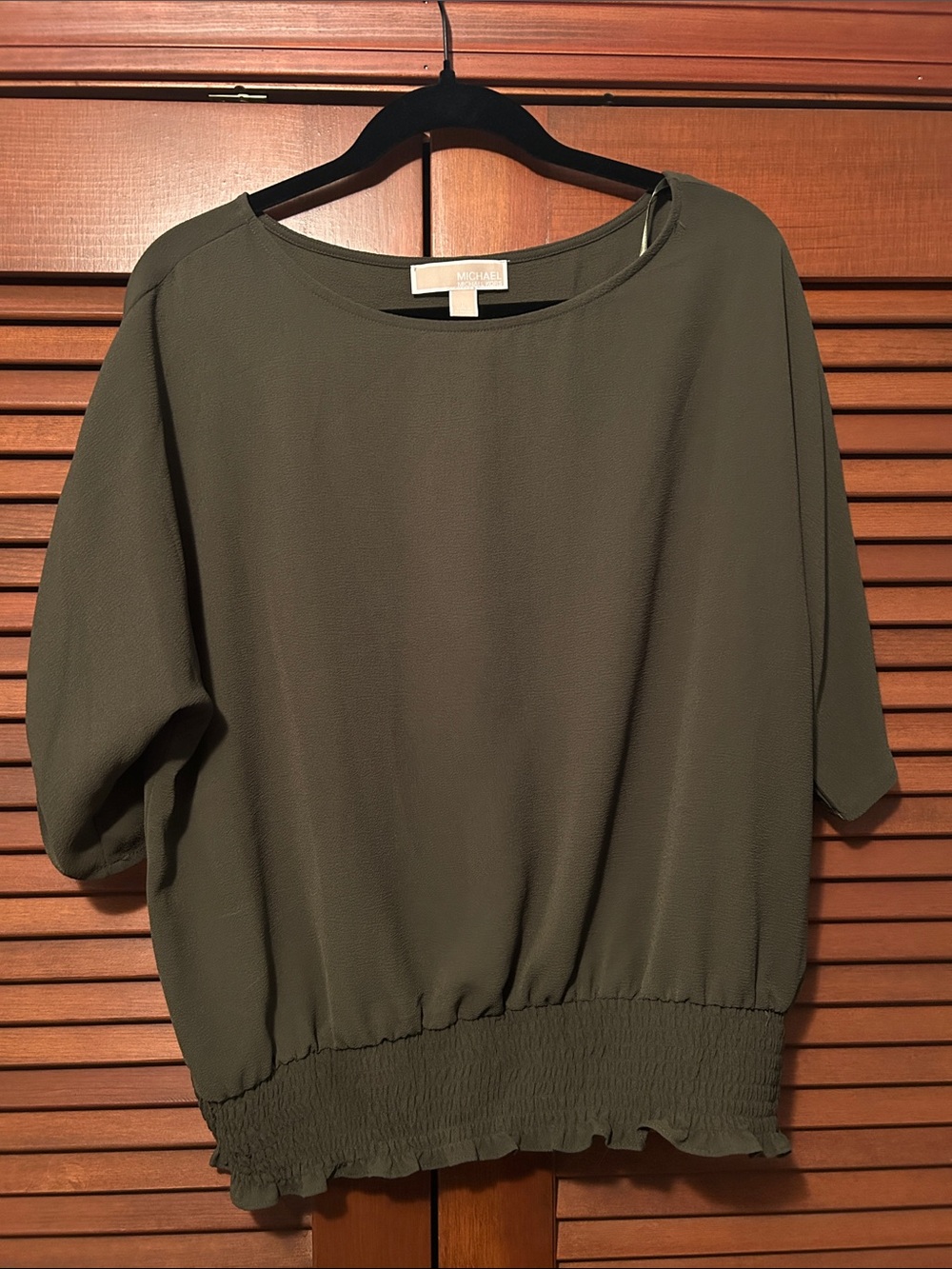 Michael Kors Olive Green Short Sleeve Smocked Hem Top Large